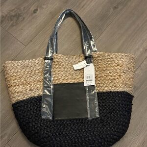 Two-Tone Straw and Black Tote Bag NWT